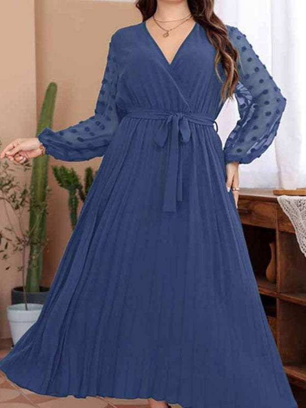 Plus Size Dresses- Belted Long Dress with Polka Dot Mesh Sleeves for Curvy Queens- Blue- Chuzko Women Clothing