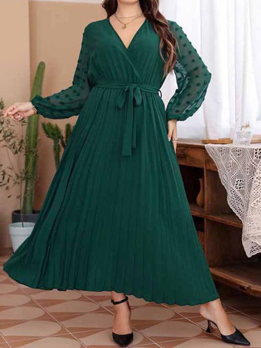 Plus Size Dresses- Belted Long Dress with Polka Dot Mesh Sleeves for Curvy Queens- Green- Chuzko Women Clothing