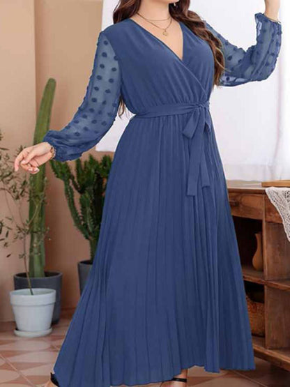 Plus Size Dresses- Belted Long Dress with Polka Dot Mesh Sleeves for Curvy Queens- - Chuzko Women Clothing