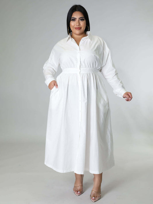 Plus Size Dresses- Plus Size Long Sleeve A-Line Shirt Dress with Waistband- White- Chuzko Women Clothing