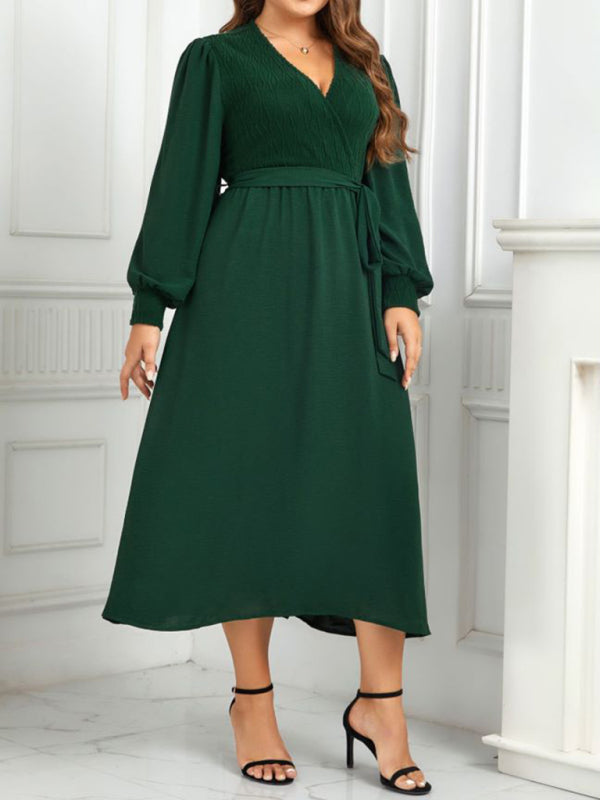 Plus Size Dresses- Solid A-Line Long Sleeve Belted Dress for Curvy Women- - Chuzko Women Clothing