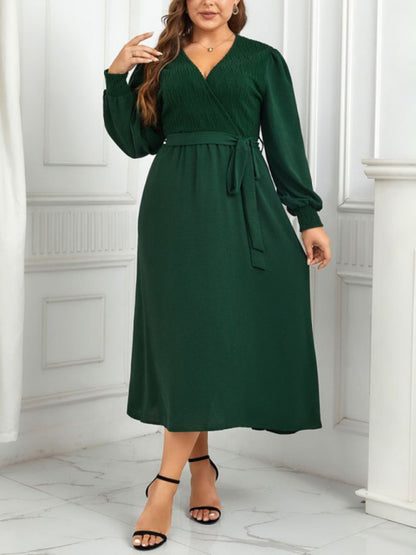 Plus Size Dresses- Solid A-Line Long Sleeve Belted Dress for Curvy Women- - Chuzko Women Clothing