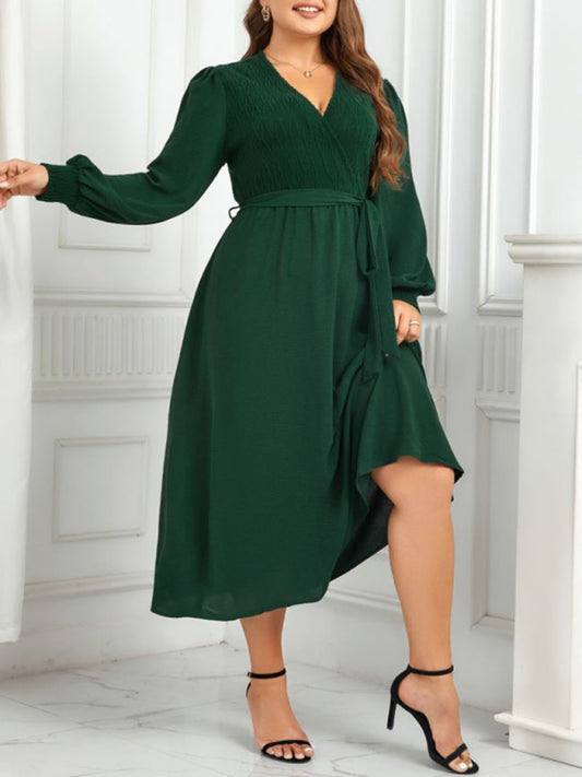 Plus Size Dresses- Solid A-Line Long Sleeve Belted Dress for Curvy Women- Green- Chuzko Women Clothing