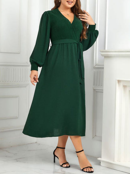Plus Size Dresses- Solid A-Line Long Sleeve Belted Dress for Curvy Women- - Chuzko Women Clothing