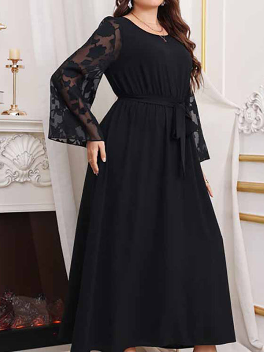 Plus Size Dresses- Solid Long Dress with Floral Mesh Sleeves for Curvy Queens- Black- Chuzko Women Clothing