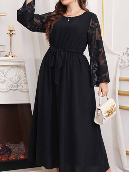 Plus Size Dresses- Solid Long Dress with Floral Mesh Sleeves for Curvy Queens- - Chuzko Women Clothing