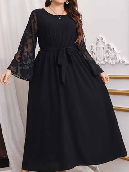 Plus Size Dresses- Solid Long Dress with Floral Mesh Sleeves for Curvy Queens- - Chuzko Women Clothing