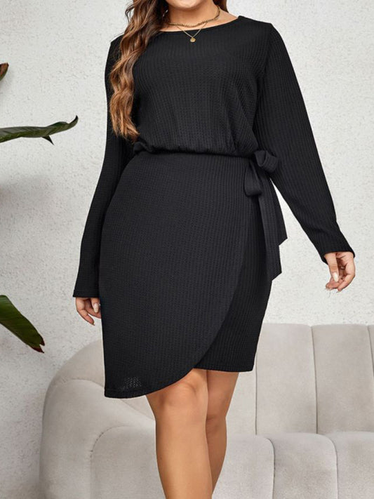 Plus Size Dresses- Solid Plus Size Blouson Belted Mini Dress with Long Sleeves- Black- Chuzko Women Clothing