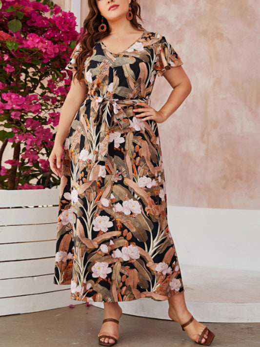 Plus size dresses- Floral Plus Size A-Line Dress with Belted Waist and Short Sleeves- Pattern- Chuzko Women Clothing