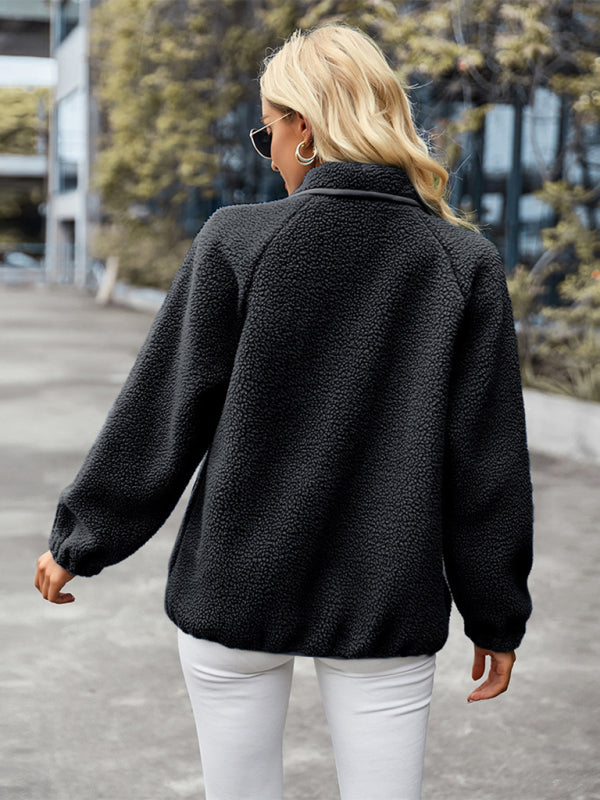 Plush Jackets- Cozy Plush Jacket | Button-Up Collar Outerwear- Chuzko Women Clothing