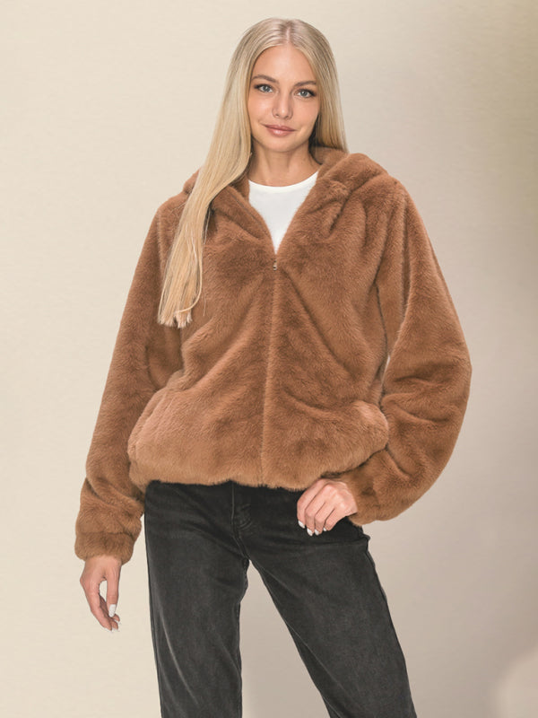 Plush Jackets- Plush Faux Fur Hooded Winter Jacket for Cozy Style- Chuzko Women Clothing