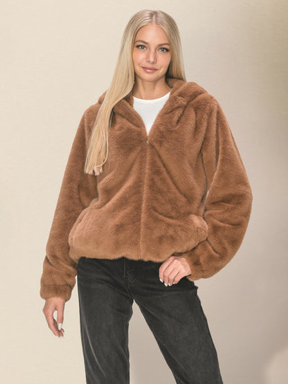 Plush Jackets- Plush Faux Fur Hooded Winter Jacket for Cozy Style- Chuzko Women Clothing