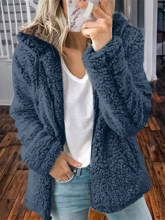 Plush Jackets- Winter Teddy Bear Zip-Up Jacket- Chuzko Women Clothing