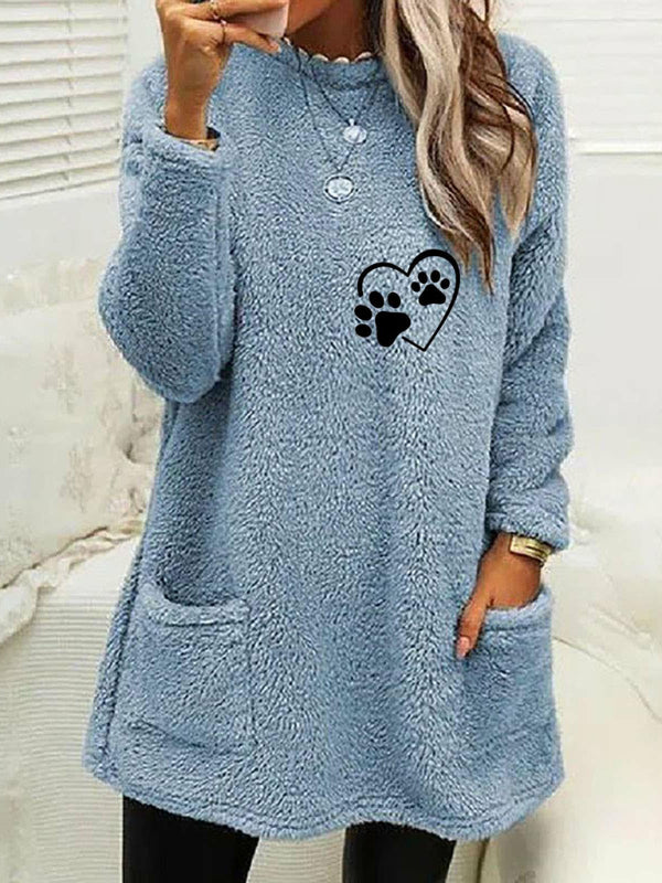 Plush Sweaters- Dog Paw Print Plush Fleece Mid-Length Sweater- Chuzko Women Clothing