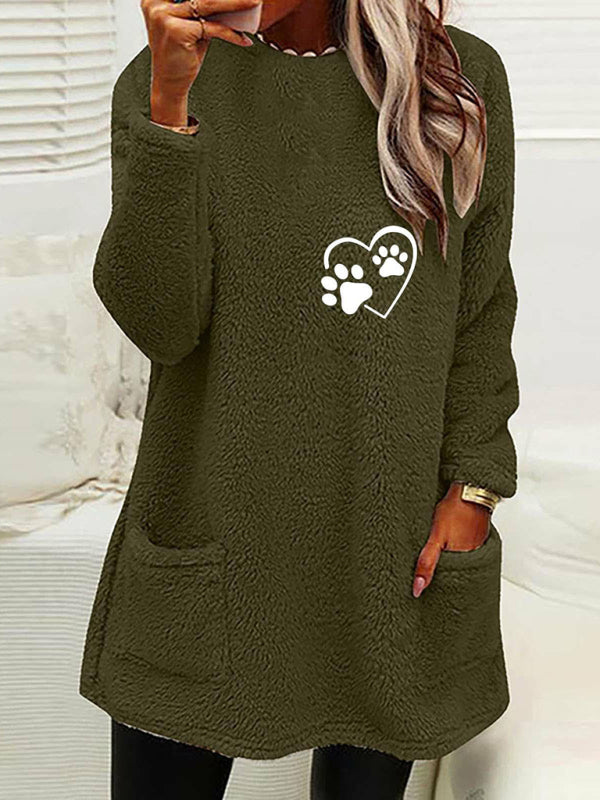Plush Sweaters- Dog Paw Print Plush Fleece Mid-Length Sweater- Chuzko Women Clothing