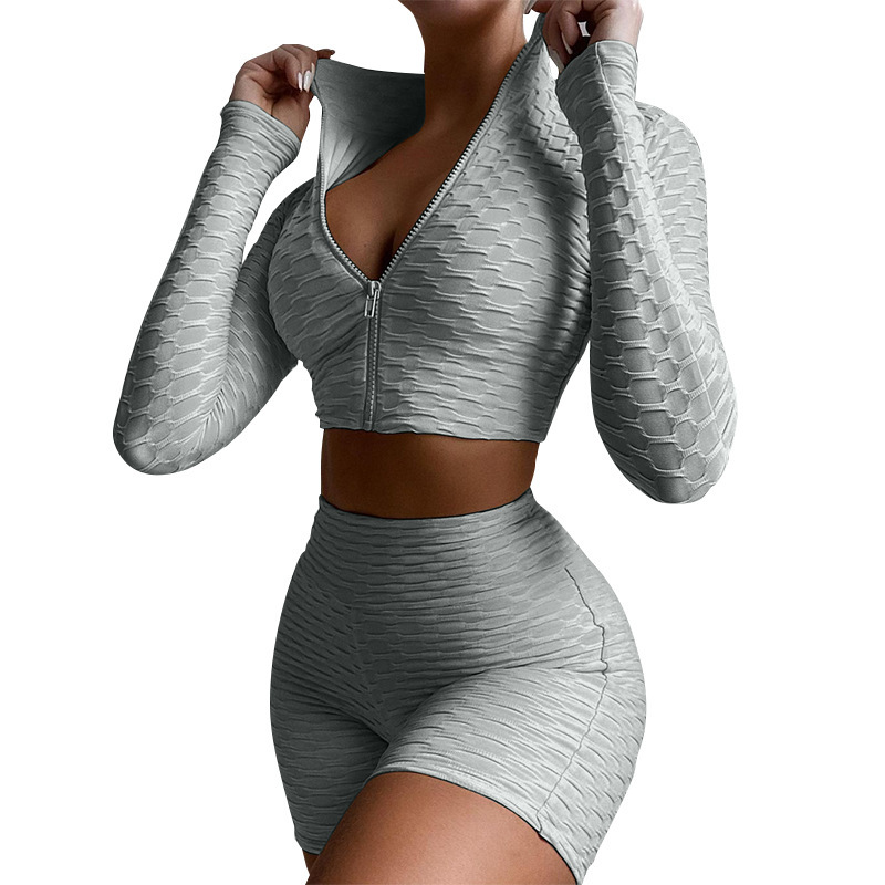 Textured Sporty Butt-Lifting Shorts + Zip-Up Long Sleeve Top Gym Outfits - Chuzko Women Clothing