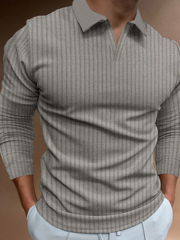 Polo T-Shirts- Ribbed Long Sleeve Polo Tee for Men's Casual Wear- Chuzko Women Clothing