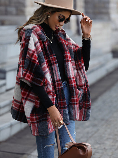 Ponchos- Oversized Cozy Plaid Plush Hooded Poncho Cape- Chuzko Women Clothing