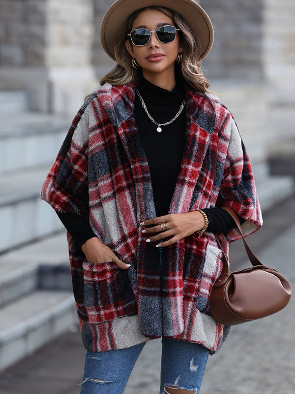 Ponchos- Oversized Cozy Plaid Plush Hooded Poncho Cape- Chuzko Women Clothing