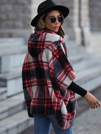 Ponchos- Oversized Cozy Plaid Plush Hooded Poncho Cape- Chuzko Women Clothing