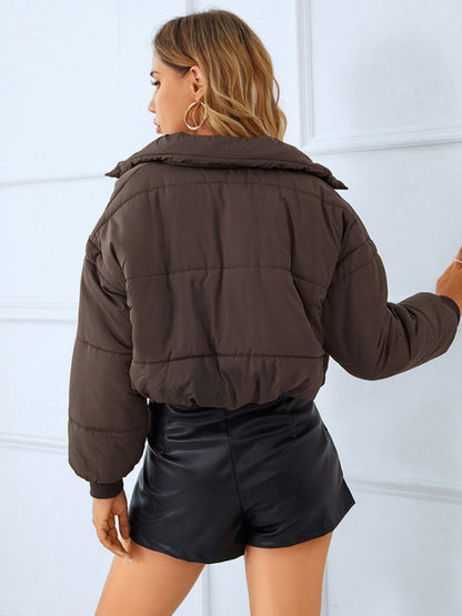 Puffers- Solid Crop Puffer Jacket with Zip-Up & Handy Pockets- Chuzko Women Clothing