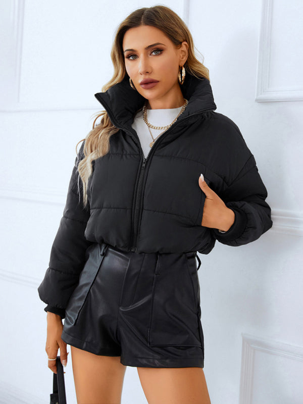 Puffers- Solid Crop Puffer Jacket with Zip-Up & Handy Pockets- Chuzko Women Clothing