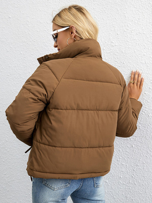 Puffers- Solid Stand Collar Semi Puffer Jacket- Chuzko Women Clothing