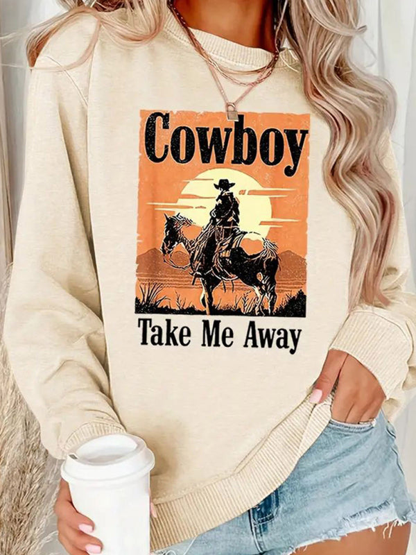 Pullovers- Cowboy Print Sweatshirt | Sport Solid Crewneck Pullover- Chuzko Women Clothing