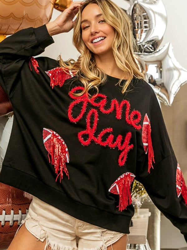 Pullovers- Sparkle Fringe Patchwork Rugby Theme Pullover - Sweatshirt for Game Days- Chuzko Women Clothing