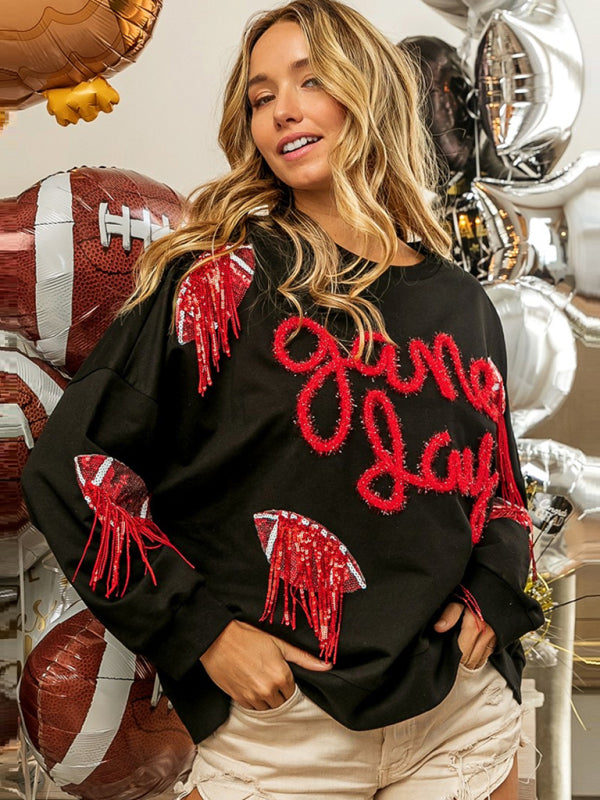 Pullovers- Sparkle Fringe Patchwork Rugby Theme Pullover - Sweatshirt for Game Days- Chuzko Women Clothing