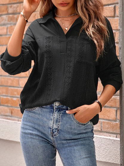 Pullovers- Women Oversized Long Sleeve Collar Shirt - Loose Fit Textured Top- Chuzko Women Clothing