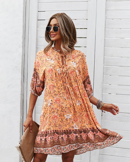 Women's Floral Neck Tie Loose Mini Dress Perfect for Any Occasion! Mini Dresses - Chuzko Women Clothing