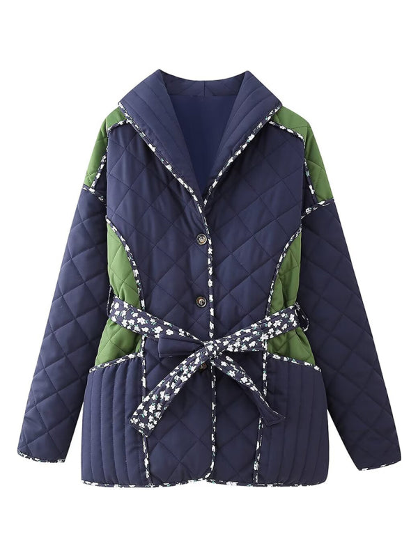 Quilted Jackets- Contrast Floral Color Button-Up Belted Quilted Jacket- Chuzko Women Clothing