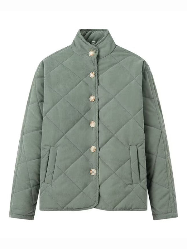 Quilted Jackets- Women's Solid Button-Up Quilted Jacket- - Chuzko Women Clothing
