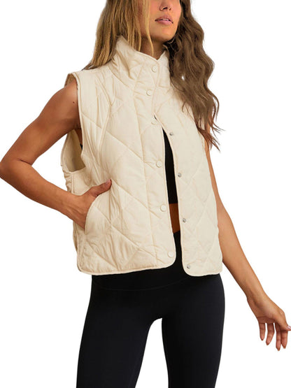 Button-Up Quilted Vest Waistcoat with Stand Collar