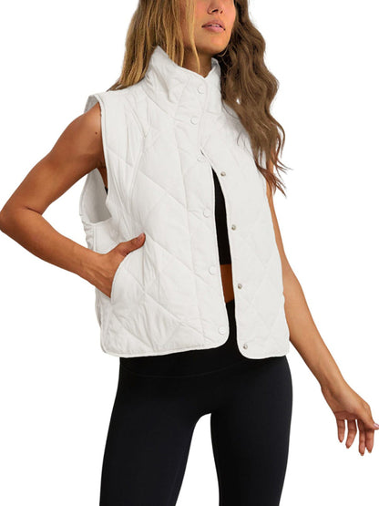 Button-Up Quilted Vest Waistcoat with Stand Collar