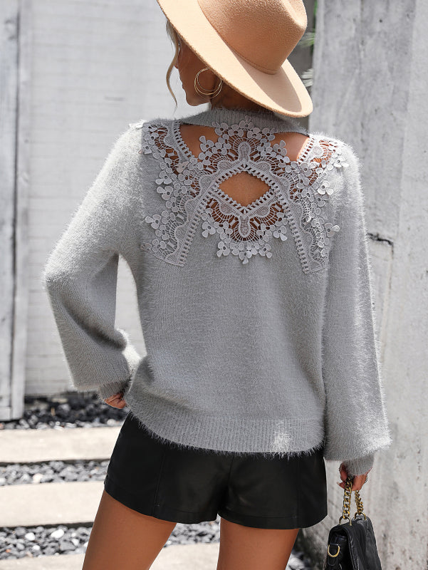 Women's Sweater with Lace Insert Back - Cozy Elegant Knitwear Sweaters - Chuzko Women Clothing