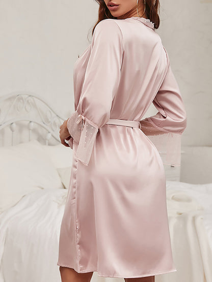 Robes Loungewear- Elegant Satin Kimono Lace-Accented Belted Robe- Chuzko Women Clothing