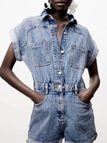 Be the Epitome of Cool: Women's Jean Romper - Cotton Denim Jumpsuit Rompers - Chuzko Women Clothing