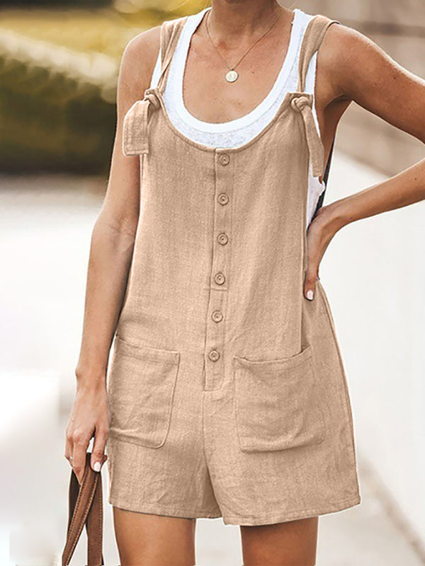 Button-Down Cotton Bib Shorts Overalls Rompers - Chuzko Women Clothing