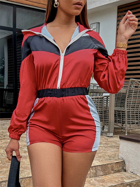 Colorblock Sporty Hooded Long Sleeve Romper Rompers - Chuzko Women Clothing
