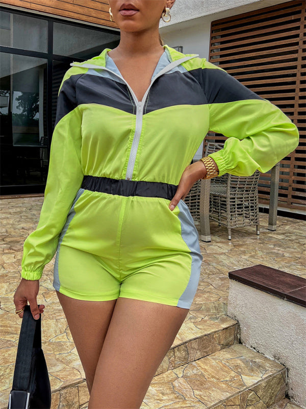 Colorblock Sporty Hooded Long Sleeve Romper Rompers - Chuzko Women Clothing