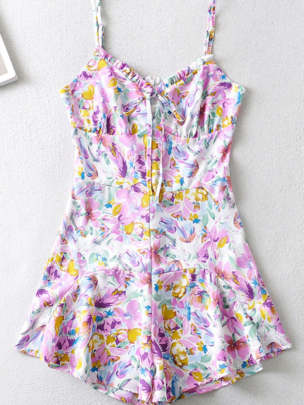 Floral Purple Ruffle Romper: Lace Up, Wide Legs - Chic and Stylish Rompers - Chuzko Women Clothing