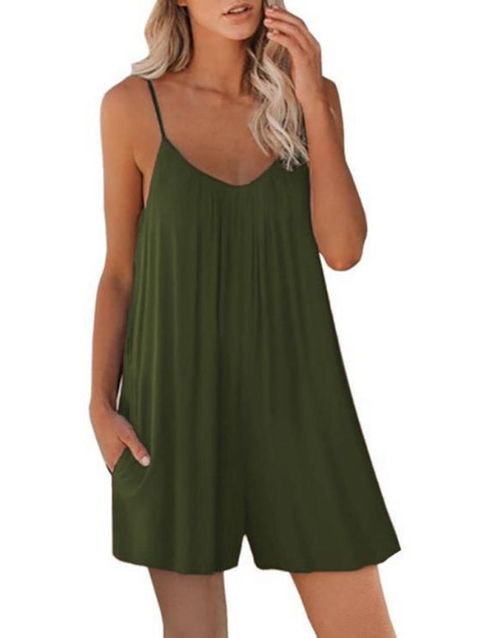 Rompers- Flowy Short Playsuit - Women's Solid Cami Romper with Pockets- Chuzko Women Clothing