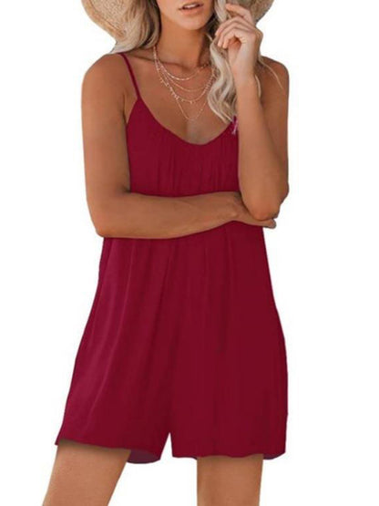 Rompers- Flowy Short Playsuit - Women's Solid Cami Romper with Pockets- Chuzko Women Clothing
