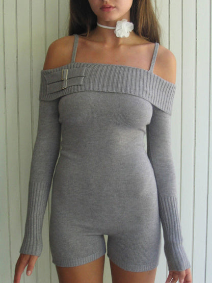 Long Sleeve Knit Romper | Off-Shoulder Casual Jumpsuit