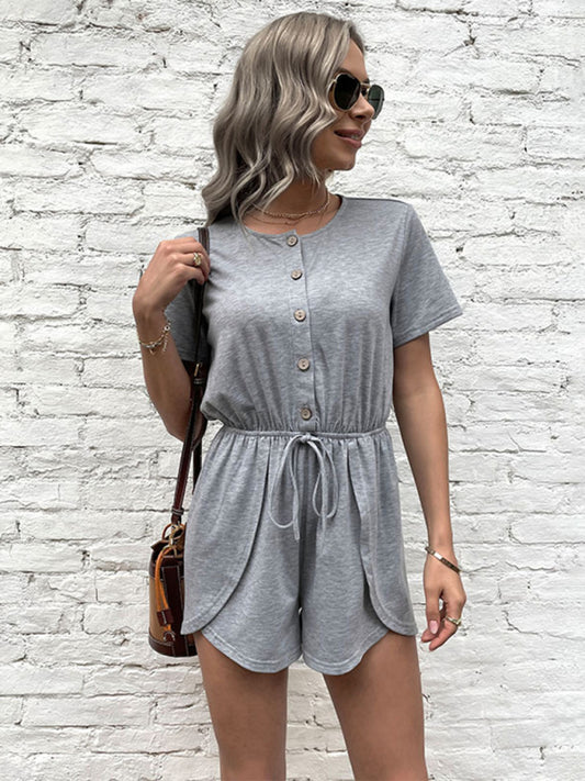 Modern Short Sleeves Button Down Romper - Adjustable Waist Jumpsuits Rompers - Chuzko Women Clothing
