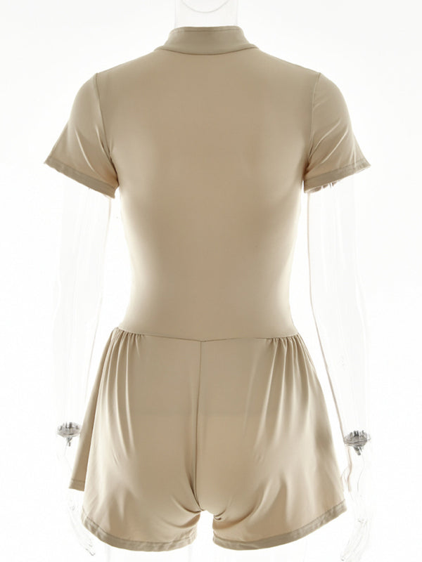 Sporty Zip-Up Bandage Wide-Leg Shorts Romper Rompers - Chuzko Women Clothing