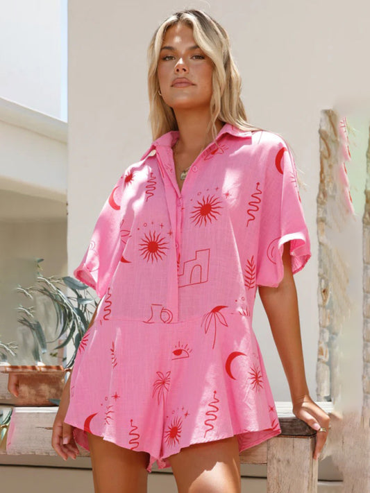 Rompers- Summer Flowy Short Playsuit - Printed Wide-Leg Shirt Romper- Hot pink- Chuzko Women Clothing