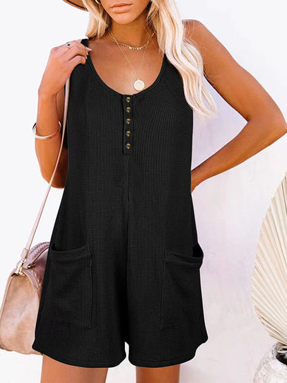 Rompers- Textured Flowy Sleeveless Romper with Pockets - Short Playsuit- Black- Chuzko Women Clothing
